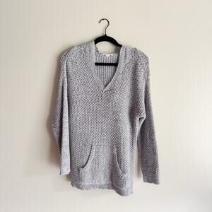 Neon Buddha Grey + White Loose Knit V Neck Hooded Pullover Beachy Sweatshirt Med